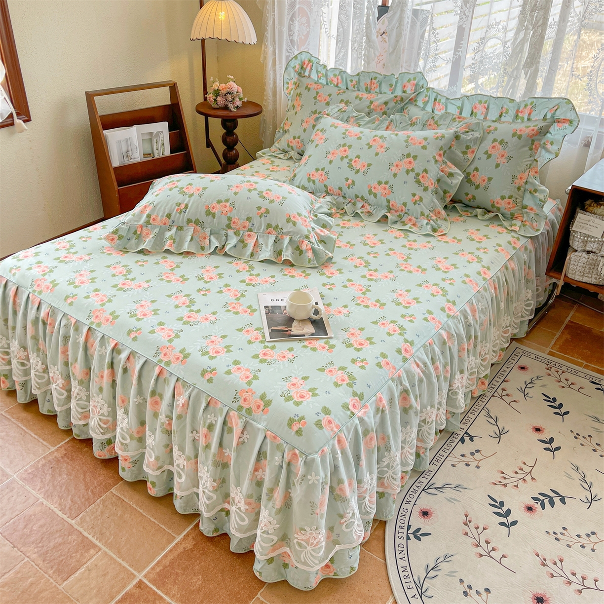 91家纺网 家纺一手货源 找家纺 宜凡家纺 2025新款全棉韩版床裙四件套 雾悦山漫