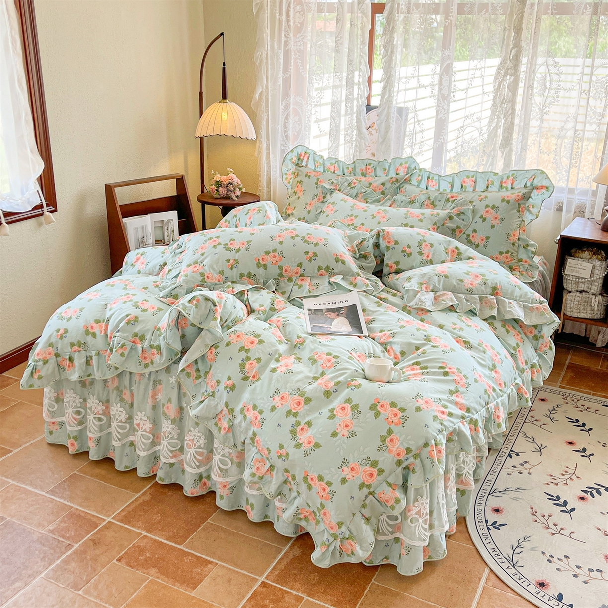 91家纺网 家纺一手货源 找家纺 宜凡家纺 2025新款全棉韩版床裙四件套 雾悦山漫