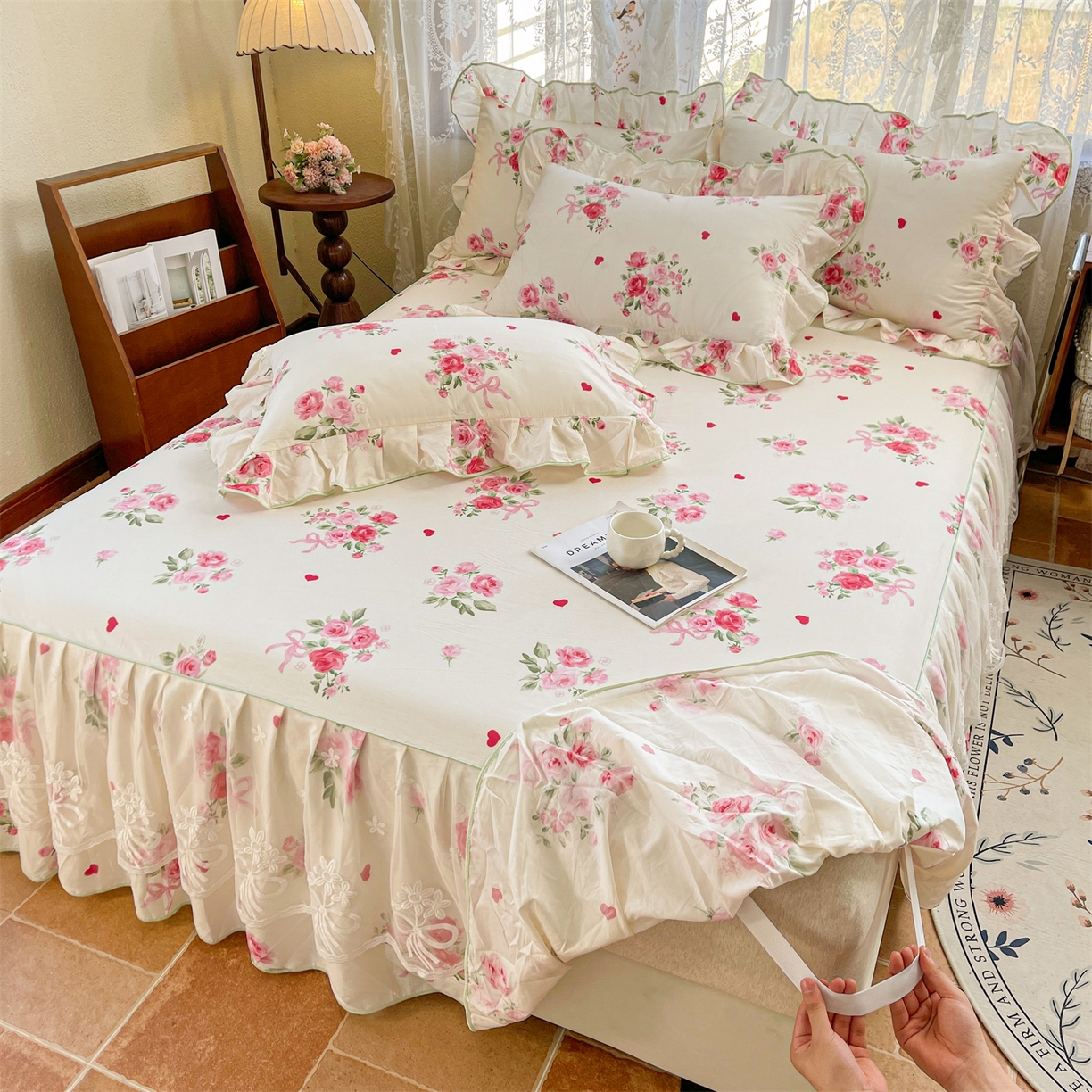 91家纺网 家纺一手货源 找家纺 宜凡家纺 2025新款全棉韩版床裙四件套 悦香花初