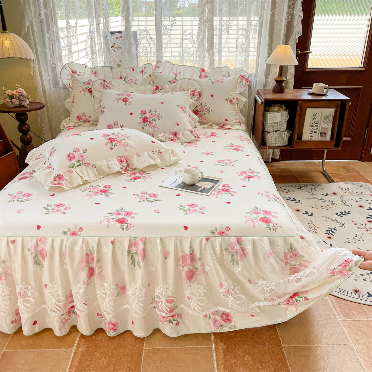 91家纺网 家纺一手货源 找家纺 宜凡家纺 2025新款全棉韩版床裙四件套 悦香花初