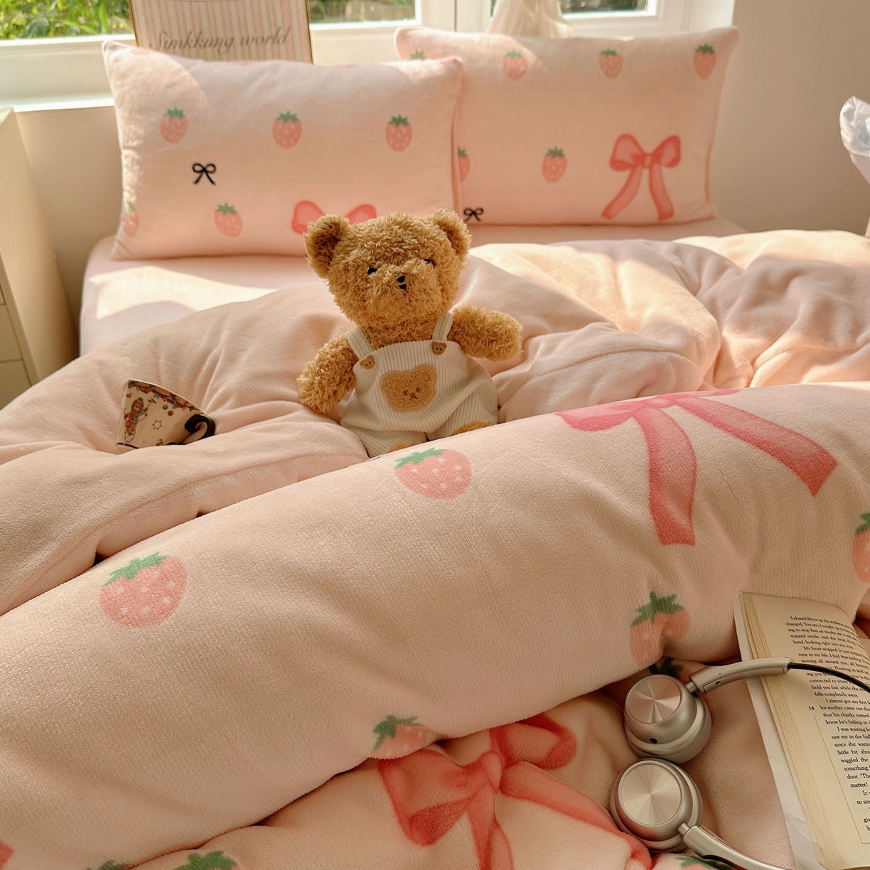 91家纺网 家纺一手货源 找家纺 优选良品 2025新款小清新加厚高克重牛奶绒四件套直播热款电商热款草莓蝴蝶结