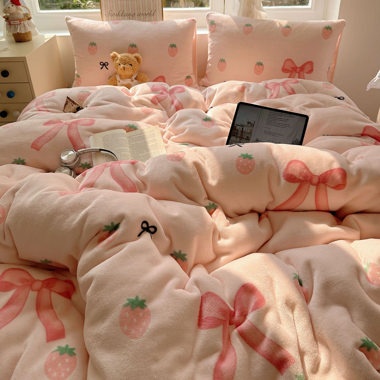 91家纺网 家纺一手货源 找家纺 优选良品 2025新款小清新加厚高克重牛奶绒四件套直播热款电商热款草莓蝴蝶结