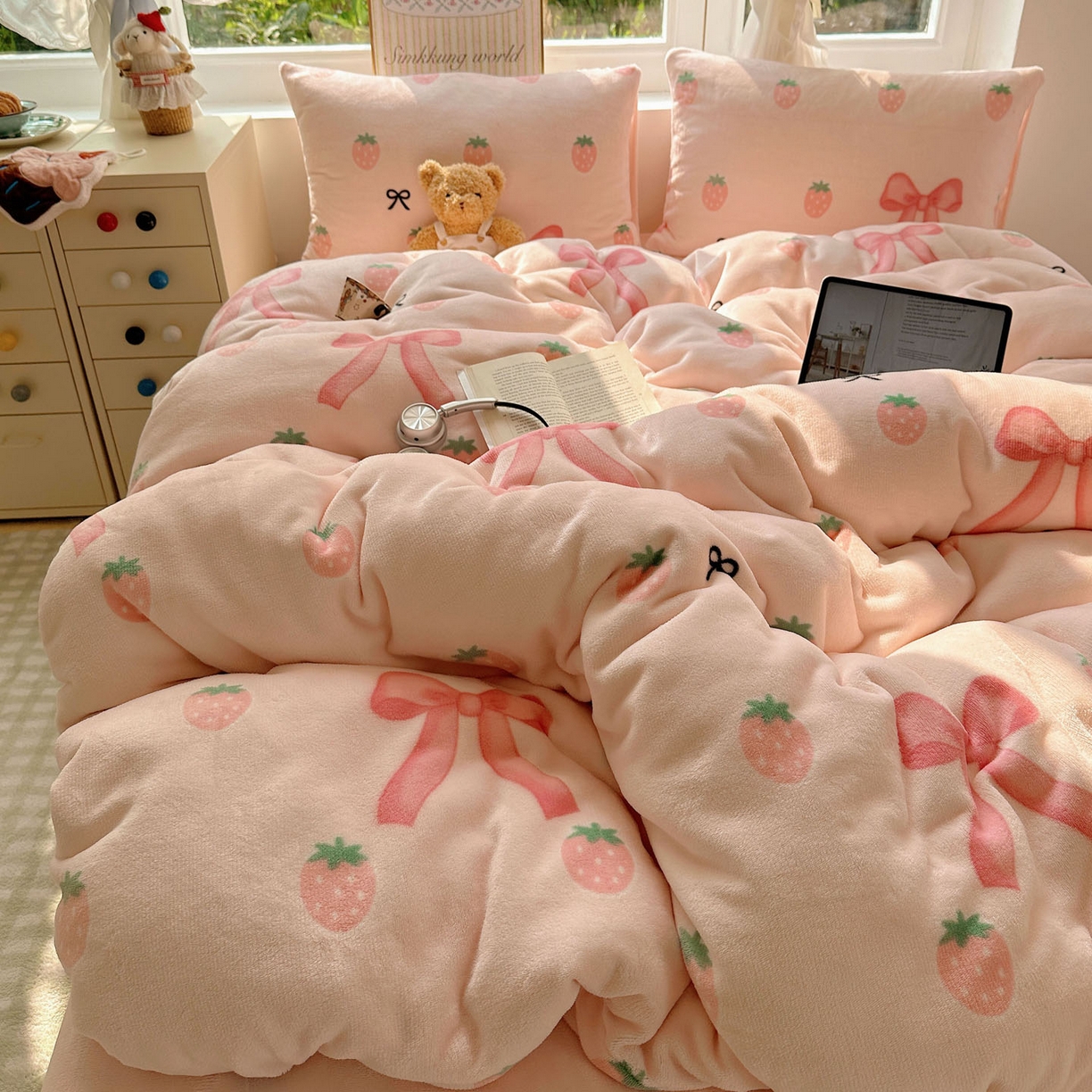 91家纺网 家纺一手货源 找家纺 优选良品 2025新款小清新加厚高克重牛奶绒四件套直播热款电商热款草莓蝴蝶结