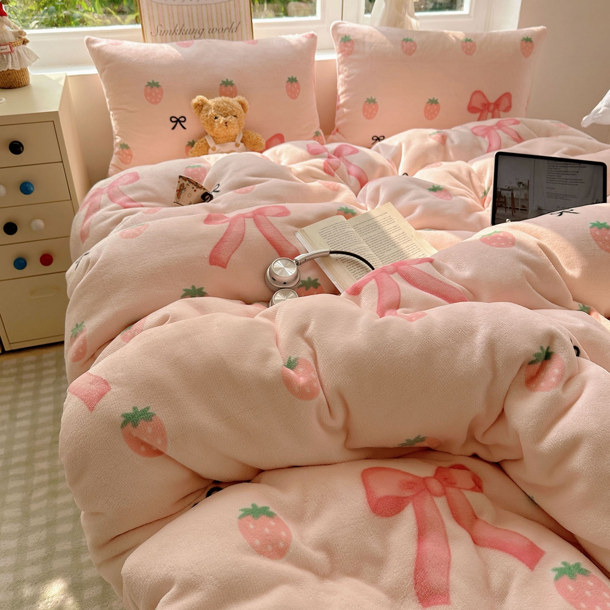 91家纺网 家纺一手货源 找家纺 优选良品 2025新款小清新加厚高克重牛奶绒四件套直播热款电商热款草莓蝴蝶结