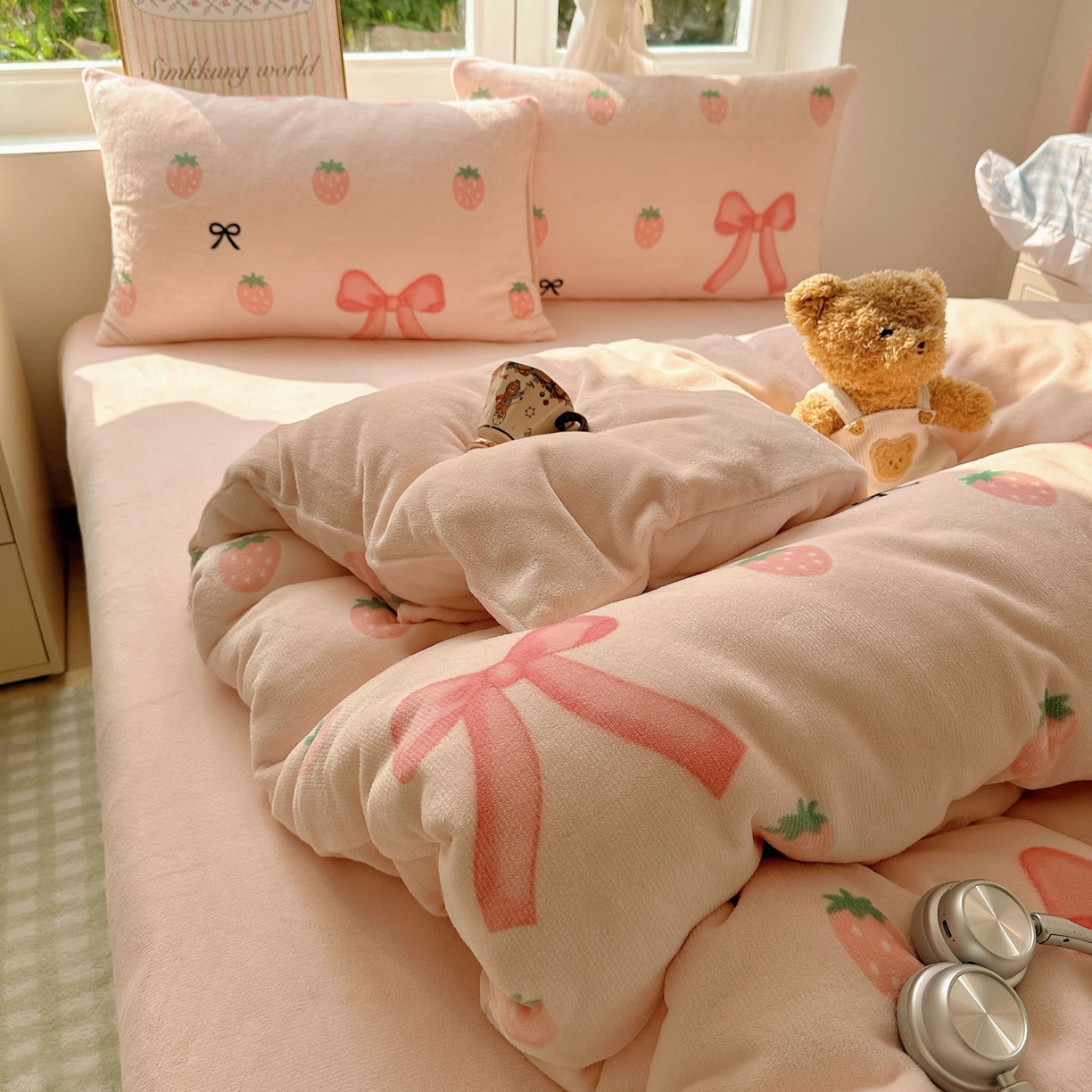 91家纺网 家纺一手货源 找家纺 优选良品 2025新款小清新加厚高克重牛奶绒四件套直播热款电商热款草莓蝴蝶结