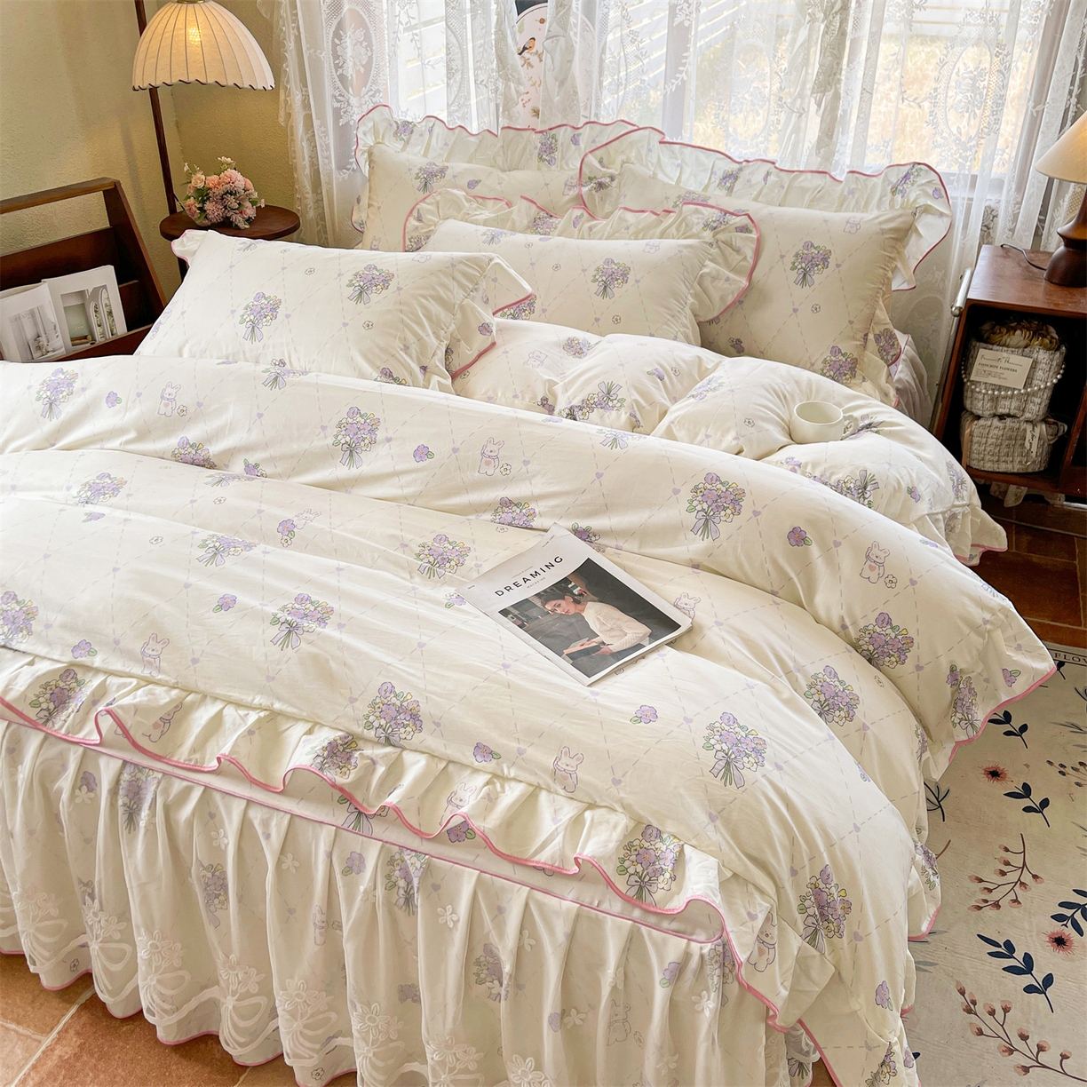 91家纺网 家纺一手货源 找家纺 宜凡家纺 2025新款全棉韩版床裙四件套 风雅微薰