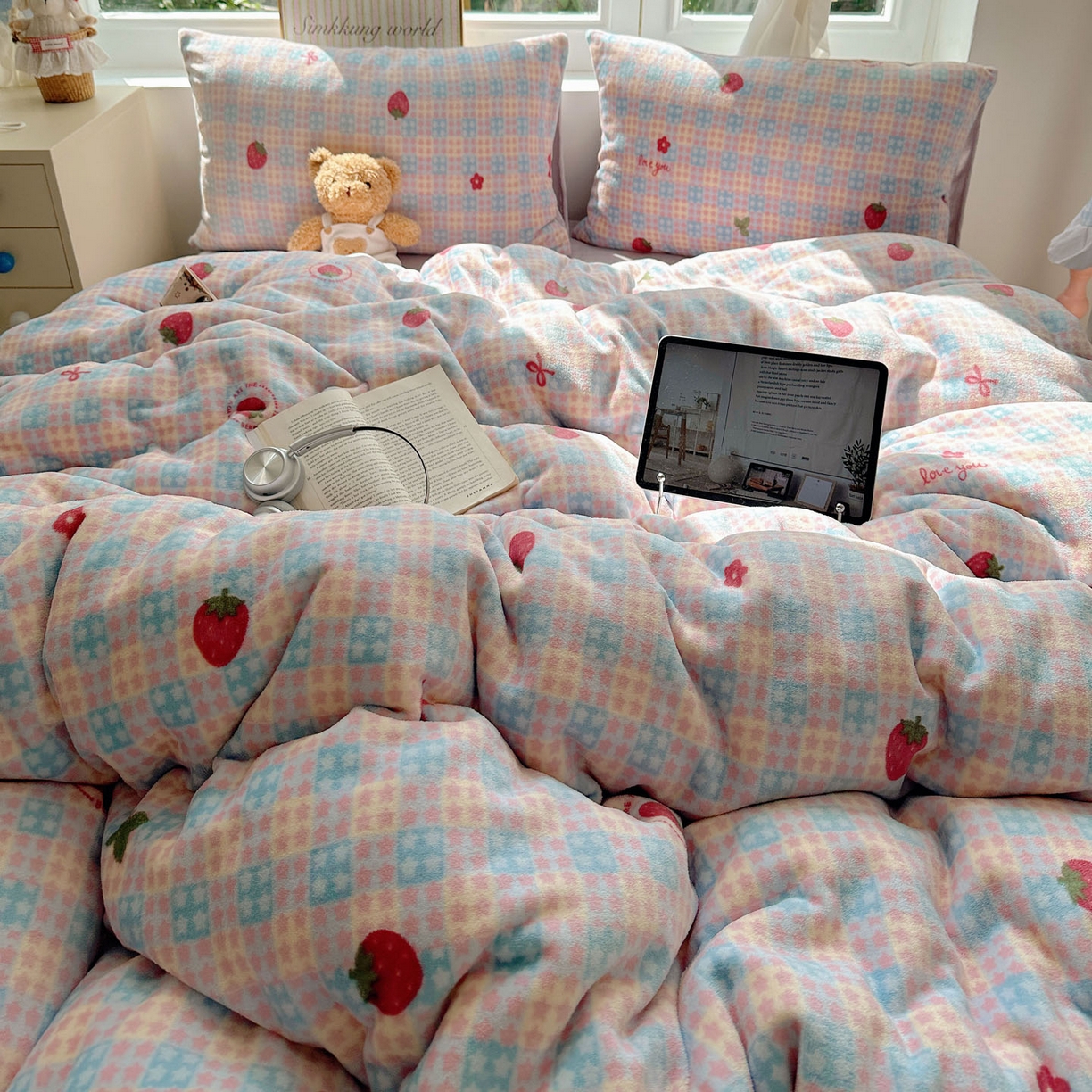 91家纺网 家纺一手货源 找家纺 优选良品 2025新款小清新加厚高克重牛奶绒四件套直播热款电商热款草莓星星