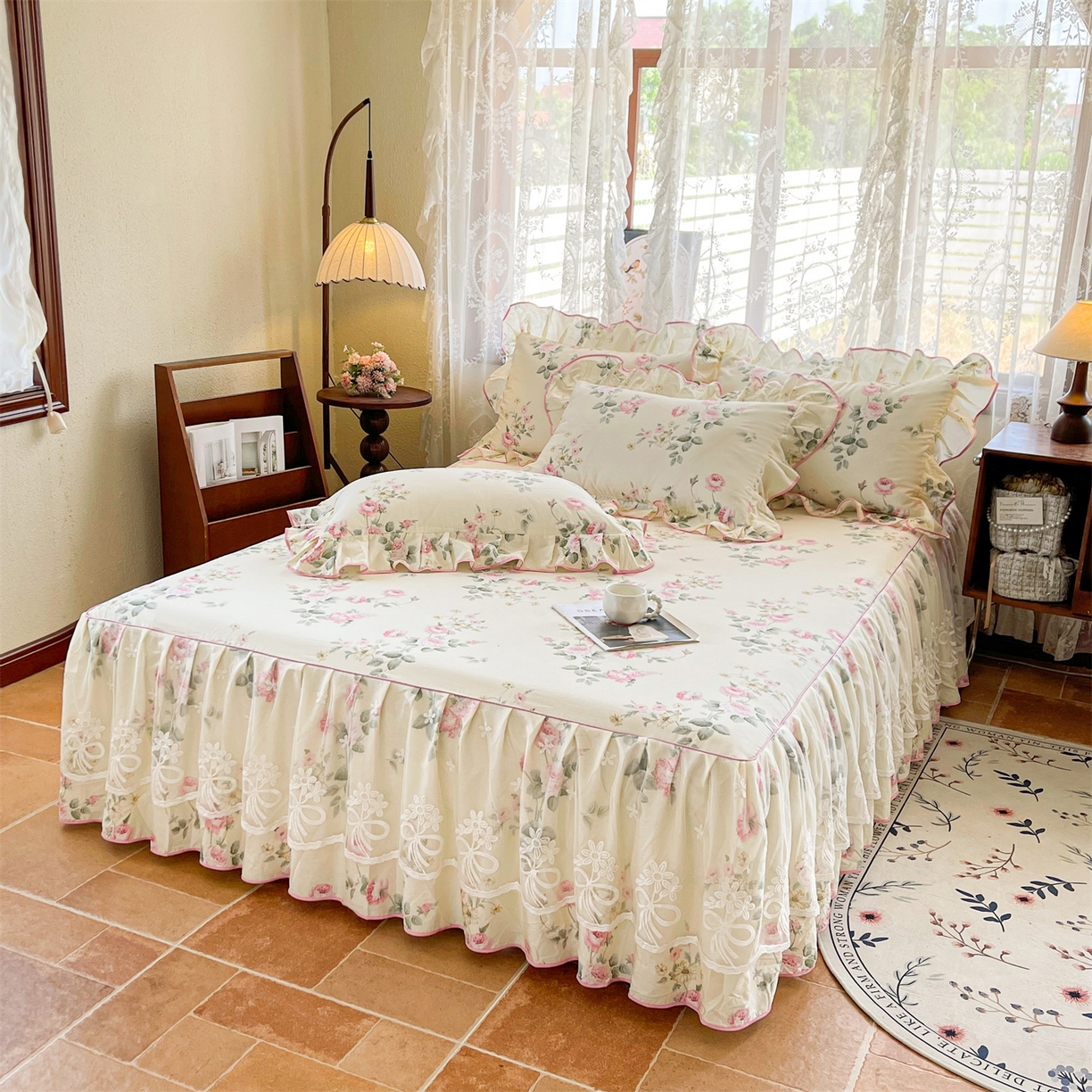 91家纺网 家纺一手货源 找家纺 宜凡家纺 2025新款全棉韩版床裙四件套 花意满园