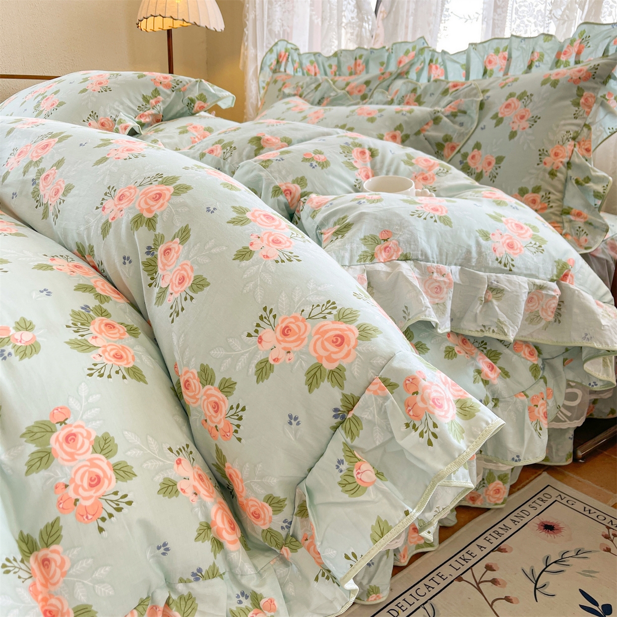 91家纺网 家纺一手货源 找家纺 宜凡家纺 2025新款全棉韩版床裙四件套 雾悦山漫