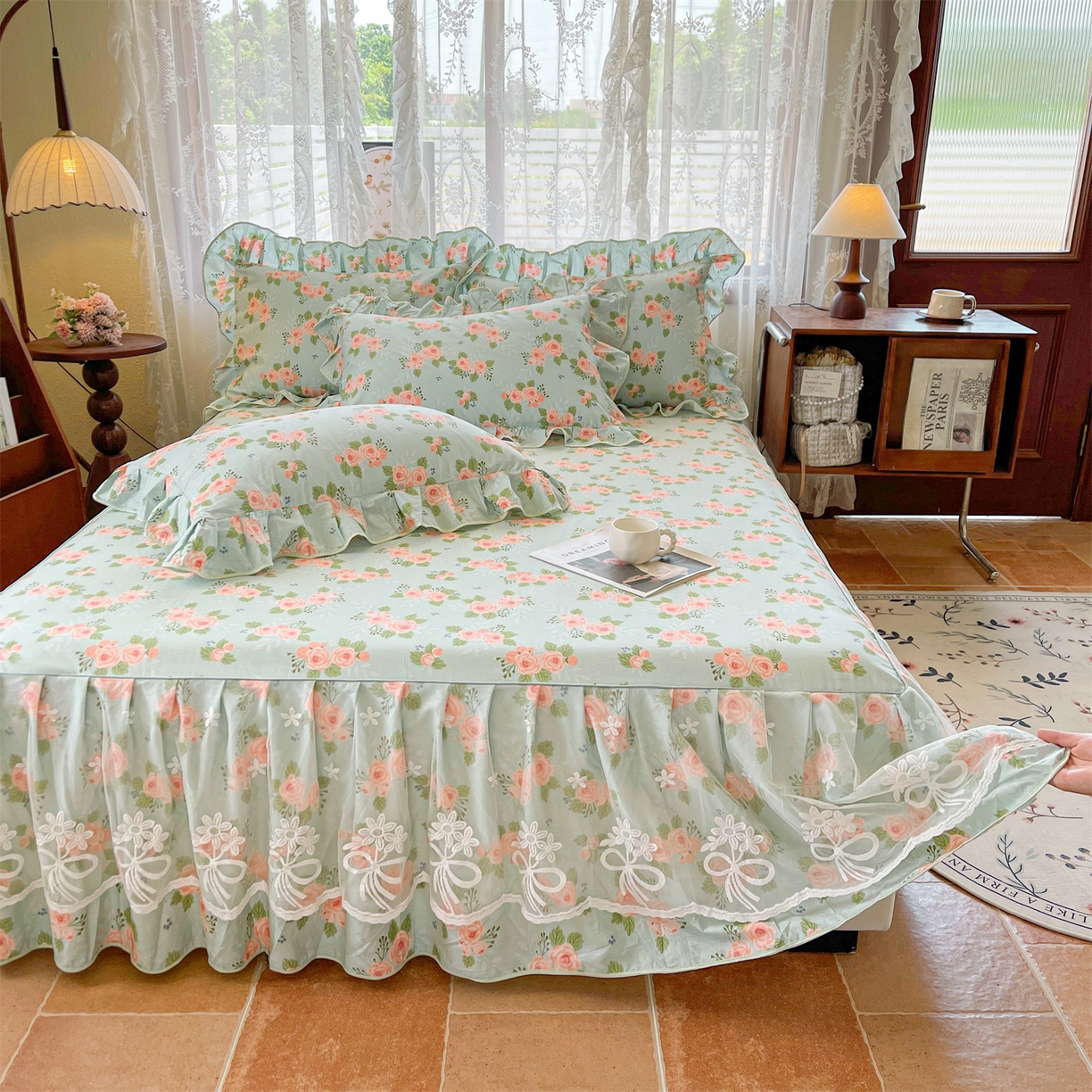 91家纺网 家纺一手货源 找家纺 宜凡家纺 2025新款全棉韩版床裙四件套 雾悦山漫