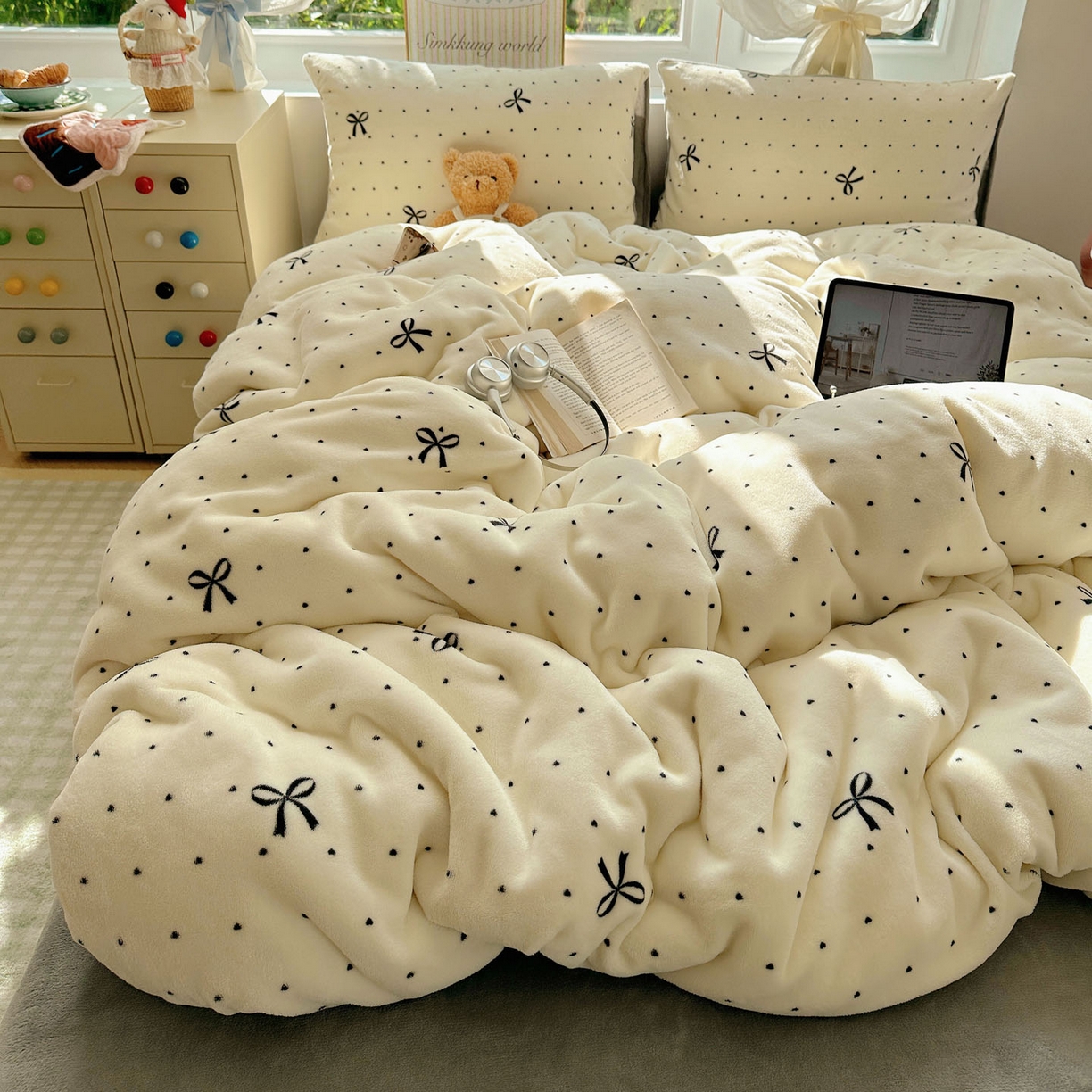 91家纺网 家纺一手货源 找家纺 优选良品 2025新款小清新加厚高克重牛奶绒四件套直播热款电商热款法式简爱