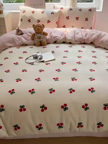 91家纺网 家纺一手货源 找家纺 优选良品 2025新款小清新加厚高克重牛奶绒四件套直播热款电商热款粉色樱桃