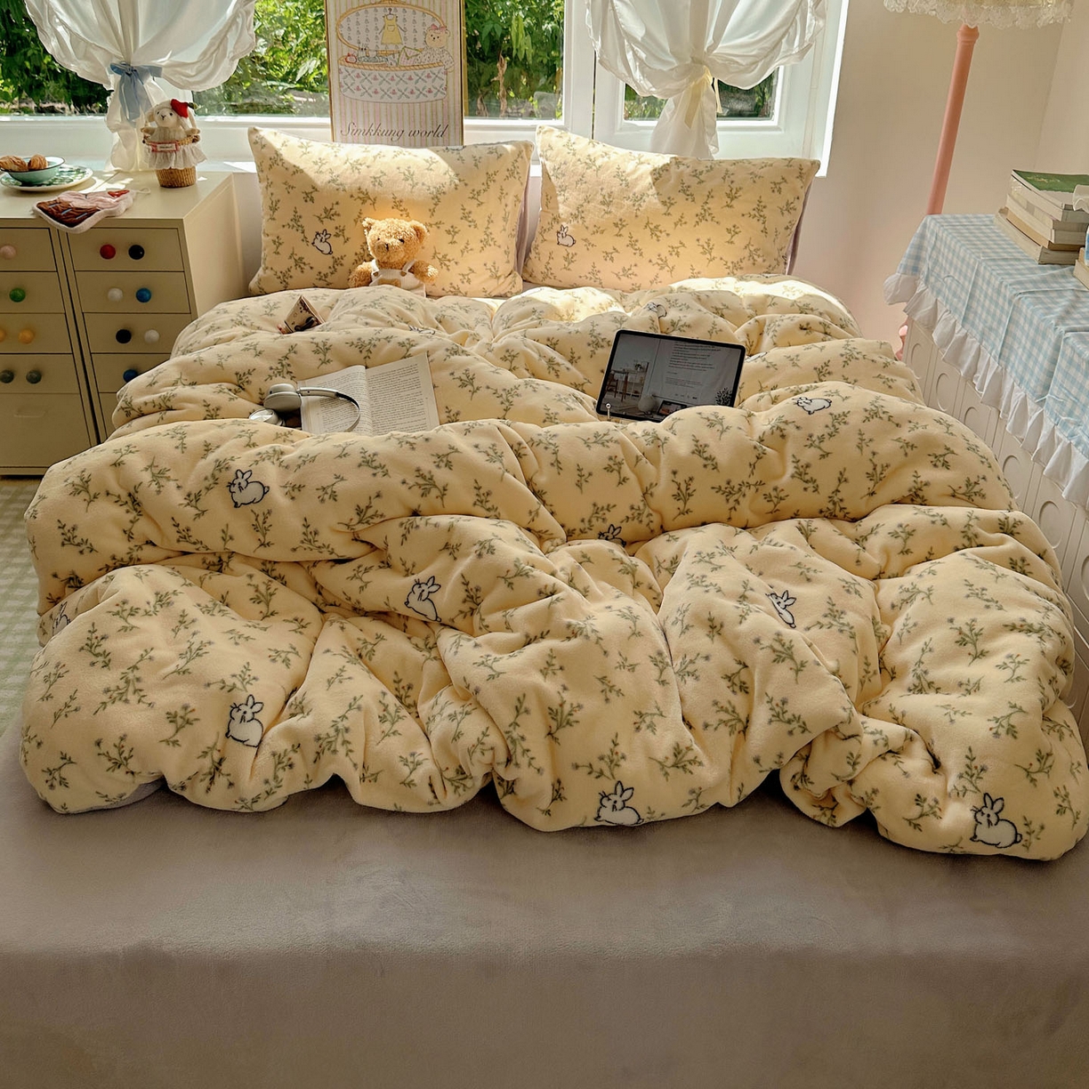 优选良品 2025新款小清新加厚高克重牛奶绒四件套直播热款电商热款可爱小兔