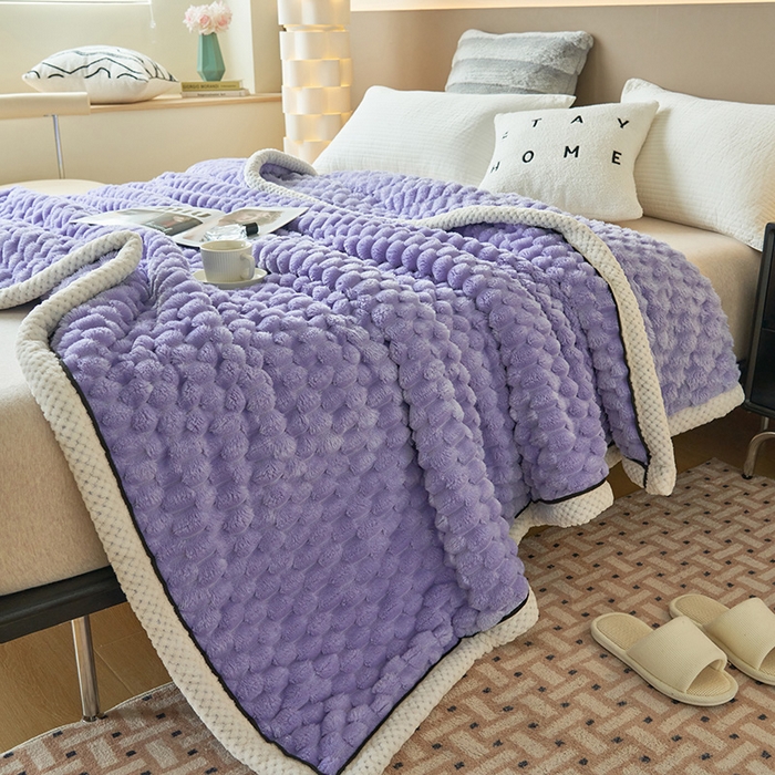 91家纺网 家纺一手货源 找家纺 莱家富 2026新款跨境外贸金龟绒多功能毛毯高克重法莱绒牛奶绒保暖毛毯（支持抽空压缩，卷包） 香芋紫