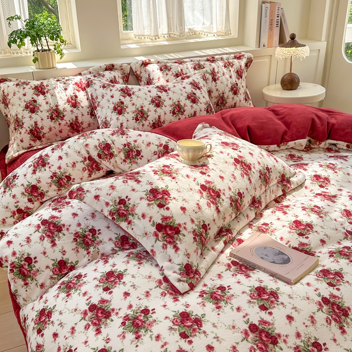 91家纺网 家纺一手货源 找家纺 欧尚 2025新款高克重牛奶绒加厚保暖印花床盖四件套 梨花落