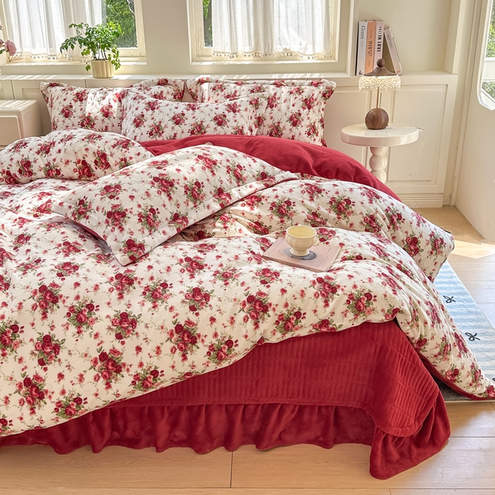 91家纺网 家纺一手货源 找家纺 欧尚 2025新款高克重牛奶绒加厚保暖印花床盖四件套 梨花落