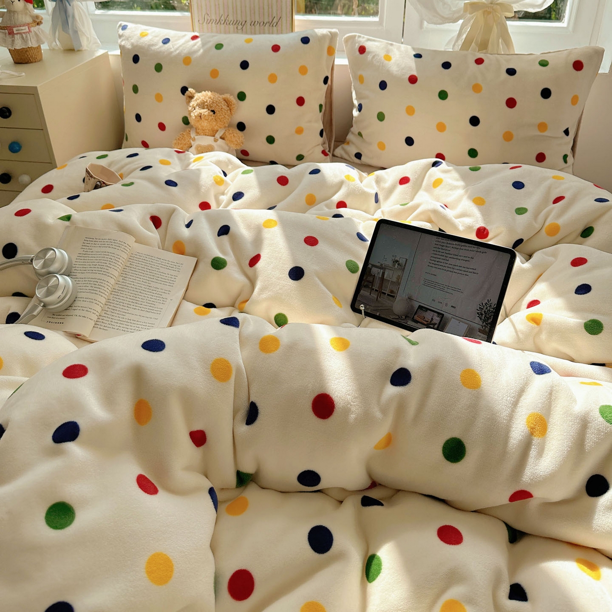 91家纺网 家纺一手货源 找家纺 优选良品 2025新款小清新加厚高克重牛奶绒四件套直播热款电商热款奇异波点