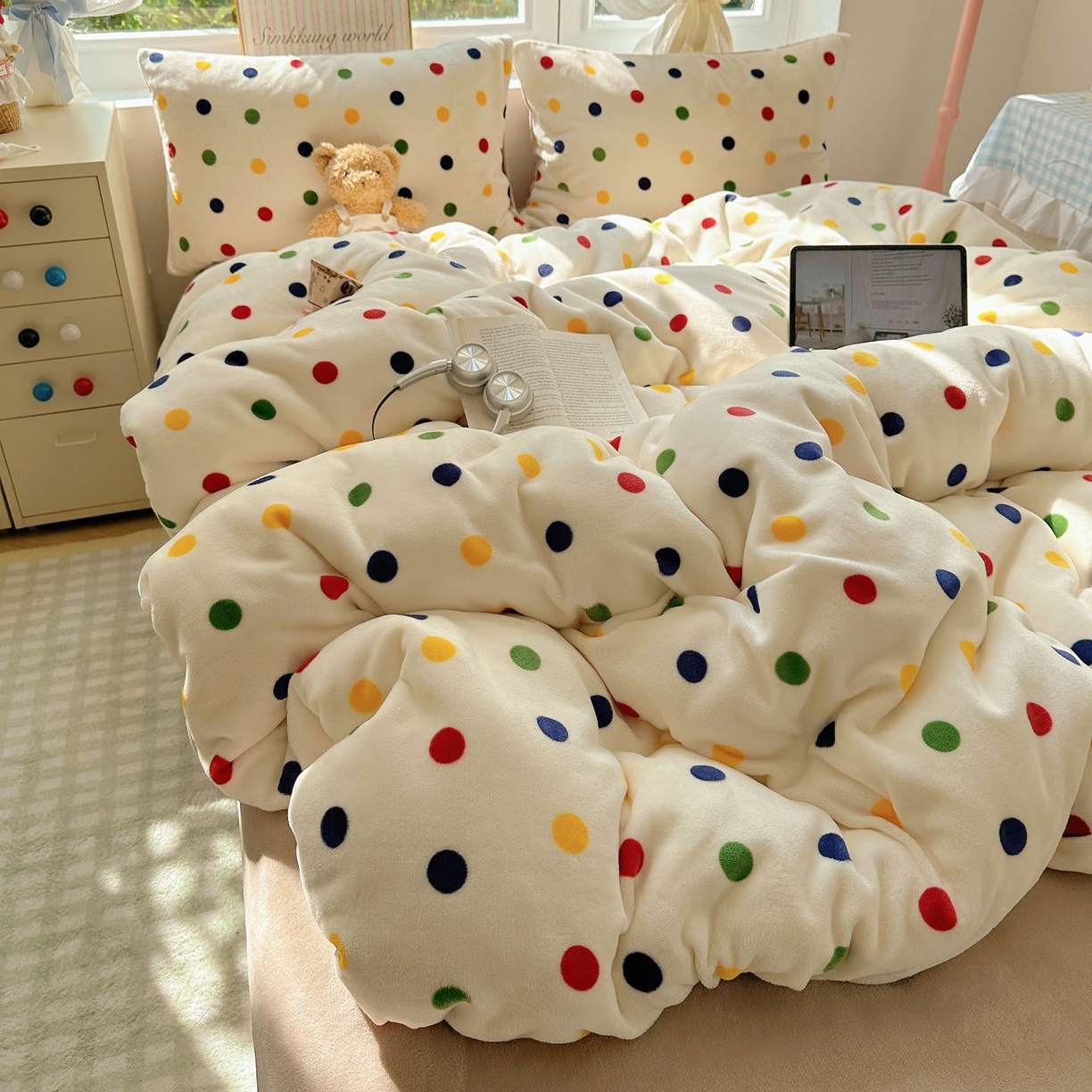 91家纺网 家纺一手货源 找家纺 优选良品 2025新款小清新加厚高克重牛奶绒四件套直播热款电商热款奇异波点