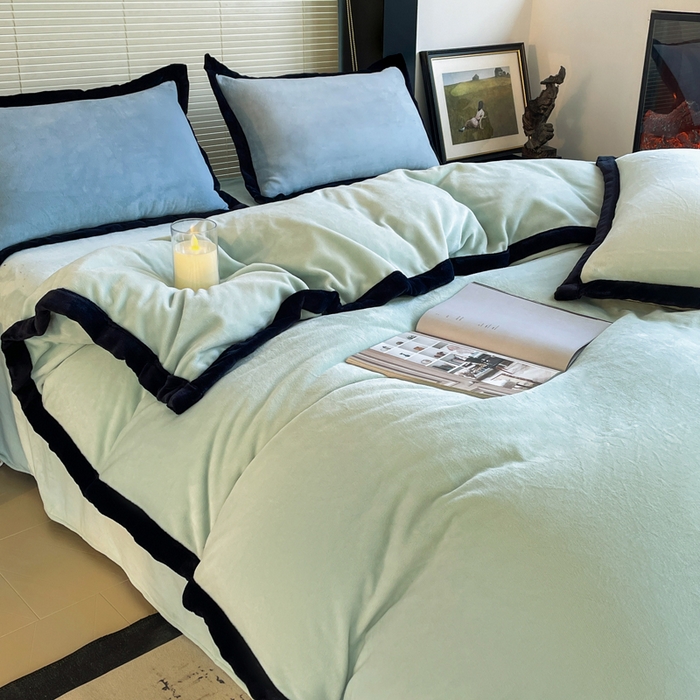 91家纺网 家纺一手货源 找家纺 库里梦家纺  2025新网红爆款简约纯色欧美风10公分包边牛奶绒四件套 包边款 薄荷绿