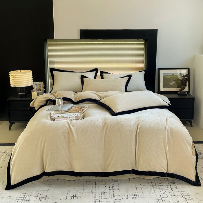 库里梦家纺  2025新网红爆款简约纯色欧美风10公分包边牛奶绒四件套 包边款 卡其