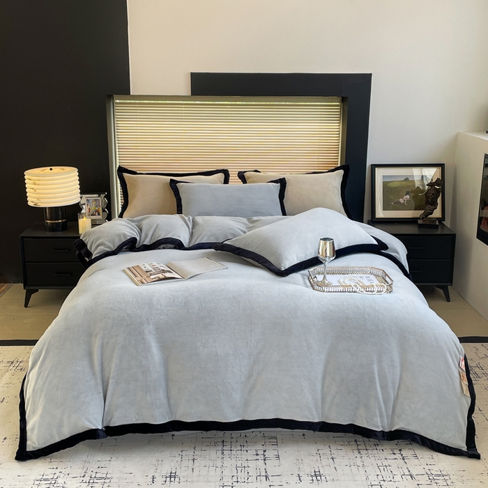 库里梦家纺  2025新网红爆款简约纯色欧美风10公分包边牛奶绒四件套 包边款 银灰