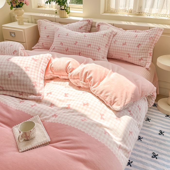 91家纺网 家纺一手货源 找家纺 欧尚 2025新款高克重牛奶绒加厚保暖印花床盖四件套 洁美粉