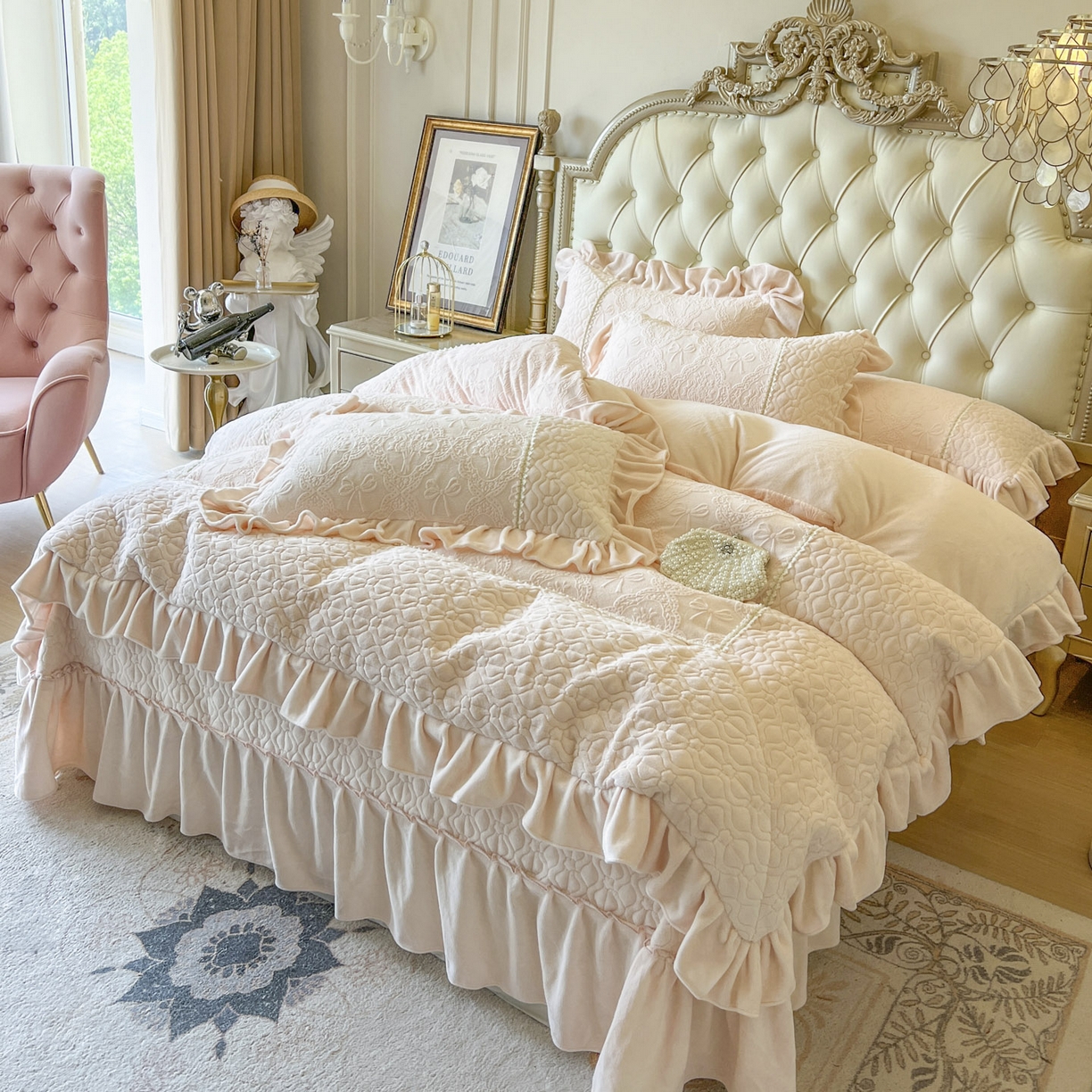 91家纺网 家纺一手货源 找家纺 （总）亲亲公主 2025新款高克重雕花牛奶绒床盖四件套-巴黎情缘