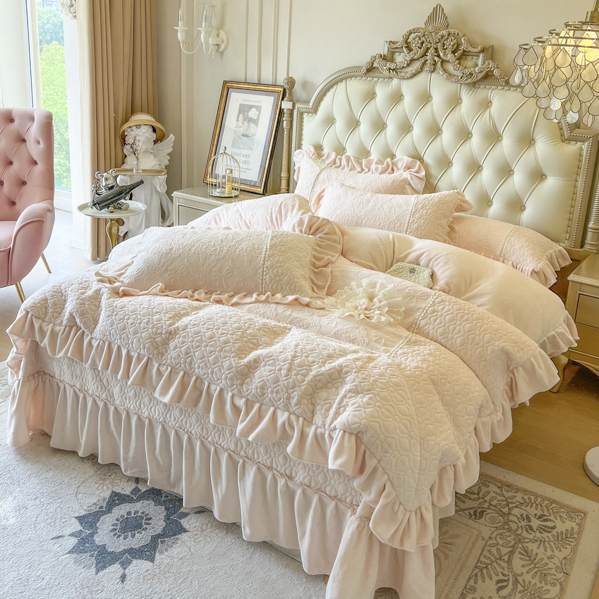 91家纺网 家纺一手货源 找家纺 （总）亲亲公主 2025新款高克重雕花牛奶绒床盖四件套-巴黎情缘