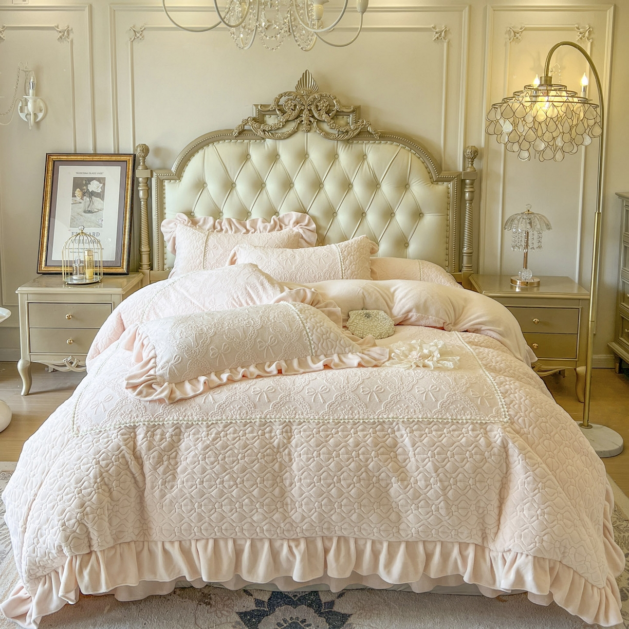 91家纺网 家纺一手货源 找家纺 （总）亲亲公主 2025新款高克重雕花牛奶绒床盖四件套-巴黎情缘