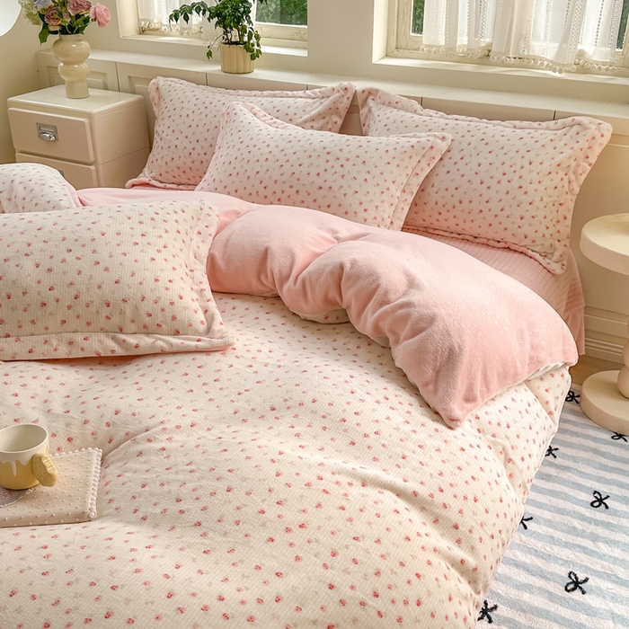 91家纺网 家纺一手货源 找家纺 欧尚 2025新款高克重牛奶绒加厚保暖印花床盖四件套 花蓉