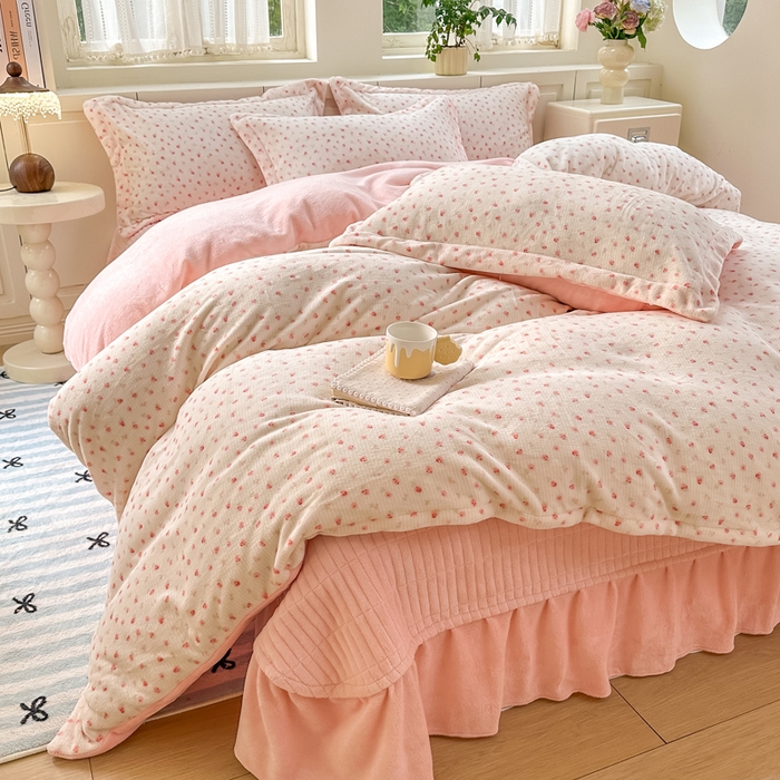 91家纺网 家纺一手货源 找家纺 欧尚 2025新款高克重牛奶绒加厚保暖印花床盖四件套 花蓉