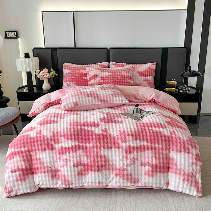 柏薇 2025新款炫彩仿兔毛绒大泡泡绒印大理石纹高克重绒四件套 炫彩泡泡粉