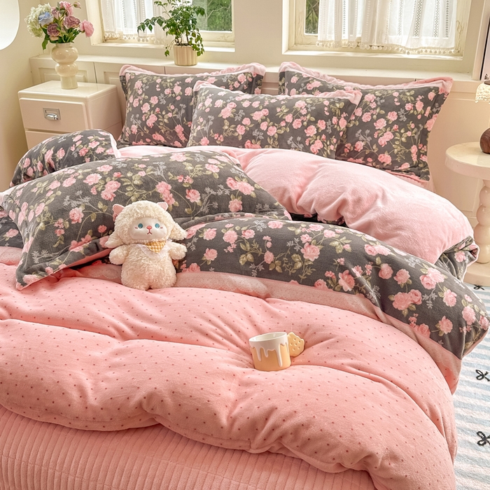 欧尚 2025新款高克重牛奶绒加厚保暖印花床盖四件套 秘密花园