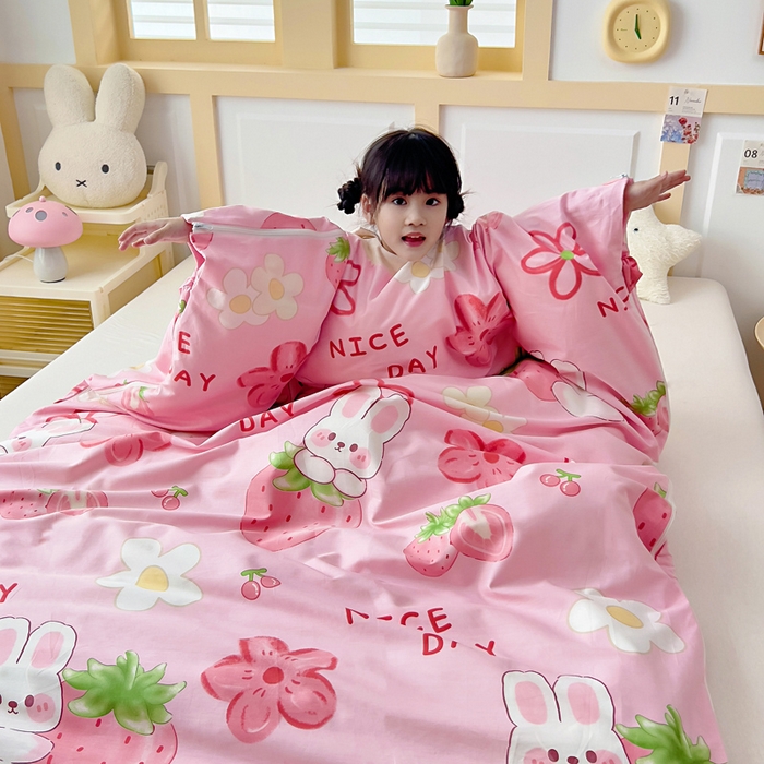 91家纺网 家纺一手货源 找家纺 吉咪兔儿童睡袋四季通用中大童纯棉秋冬季加厚小孩学生成人防踢被子神器草莓免子