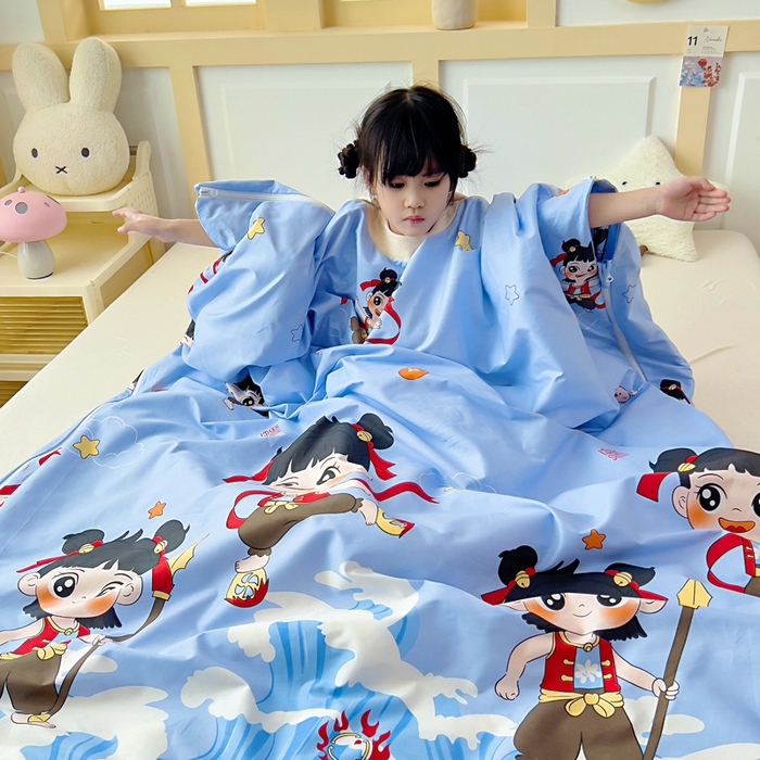 91家纺网 家纺一手货源 找家纺 吉咪兔儿童睡袋四季通用中大童纯棉秋冬季加厚小孩学生成人防踢被子神器三太子