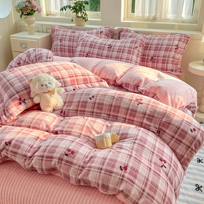 欧尚 2025新款高克重牛奶绒加厚保暖印花床盖四件套 乌梅子酱
