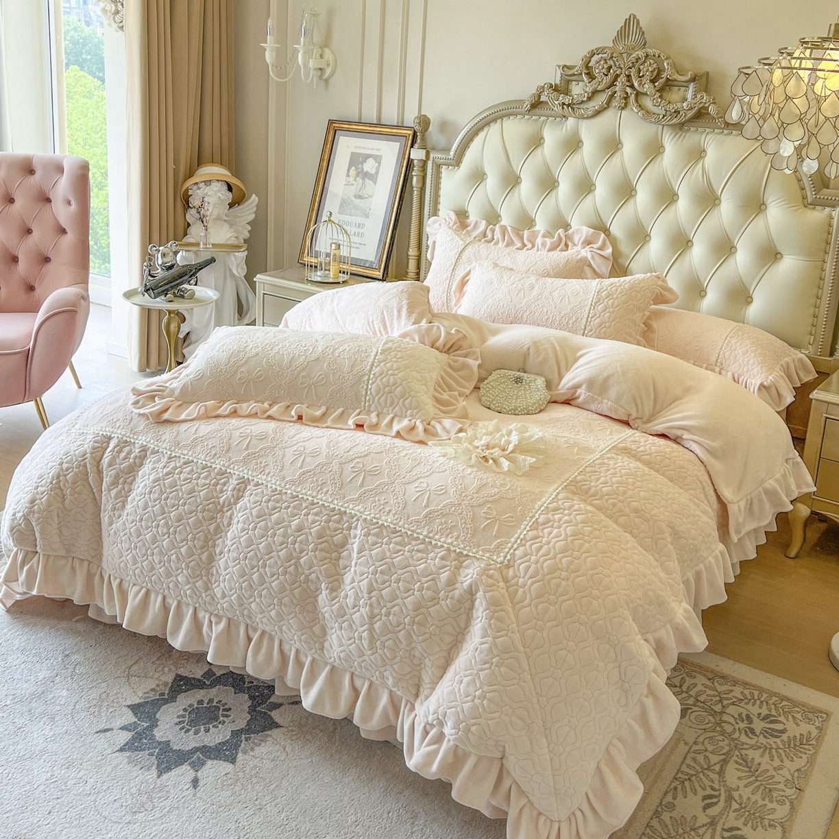 91家纺网 家纺一手货源 找家纺 亲亲公主 2025新款高克重雕花牛奶绒四件套-巴黎情缘 巴黎情缘-粉玉