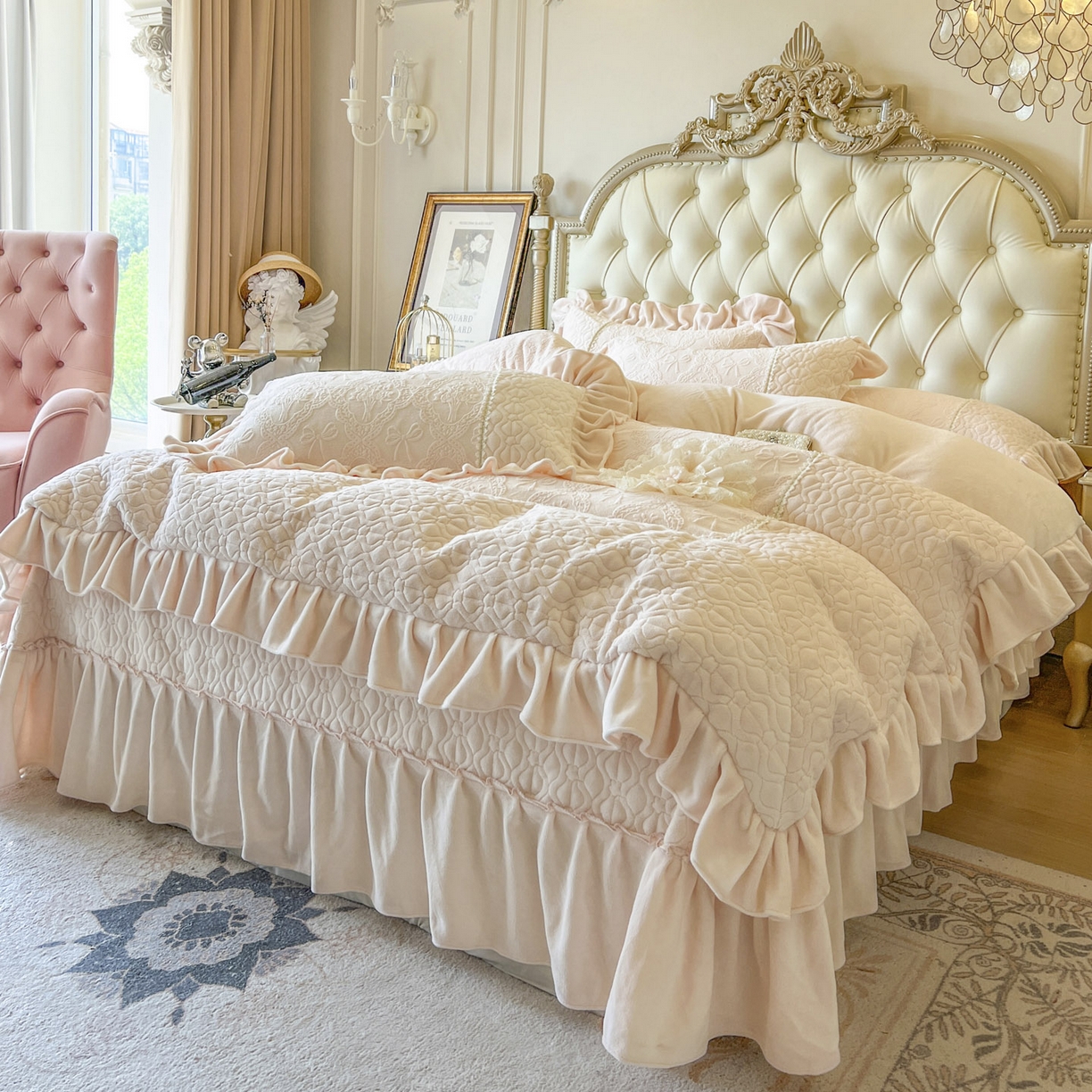 91家纺网 家纺一手货源 找家纺 亲亲公主 2025新款高克重雕花牛奶绒四件套-巴黎情缘 巴黎情缘-粉玉