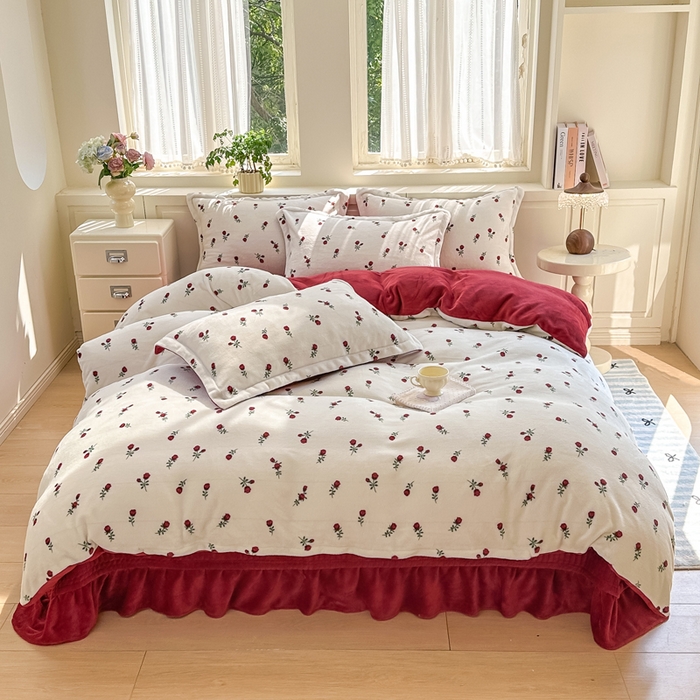 91家纺网 家纺一手货源 找家纺 欧尚 2025新款高克重牛奶绒加厚保暖印花床盖四件套 一枝梅