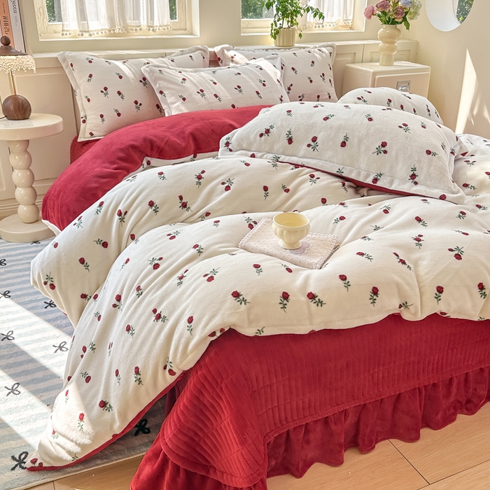 91家纺网 家纺一手货源 找家纺 欧尚 2025新款高克重牛奶绒加厚保暖印花床盖四件套 一枝梅