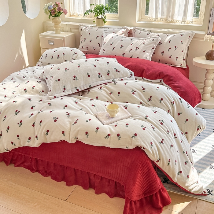 91家纺网 家纺一手货源 找家纺 欧尚 2025新款高克重牛奶绒加厚保暖印花床盖四件套 一枝梅