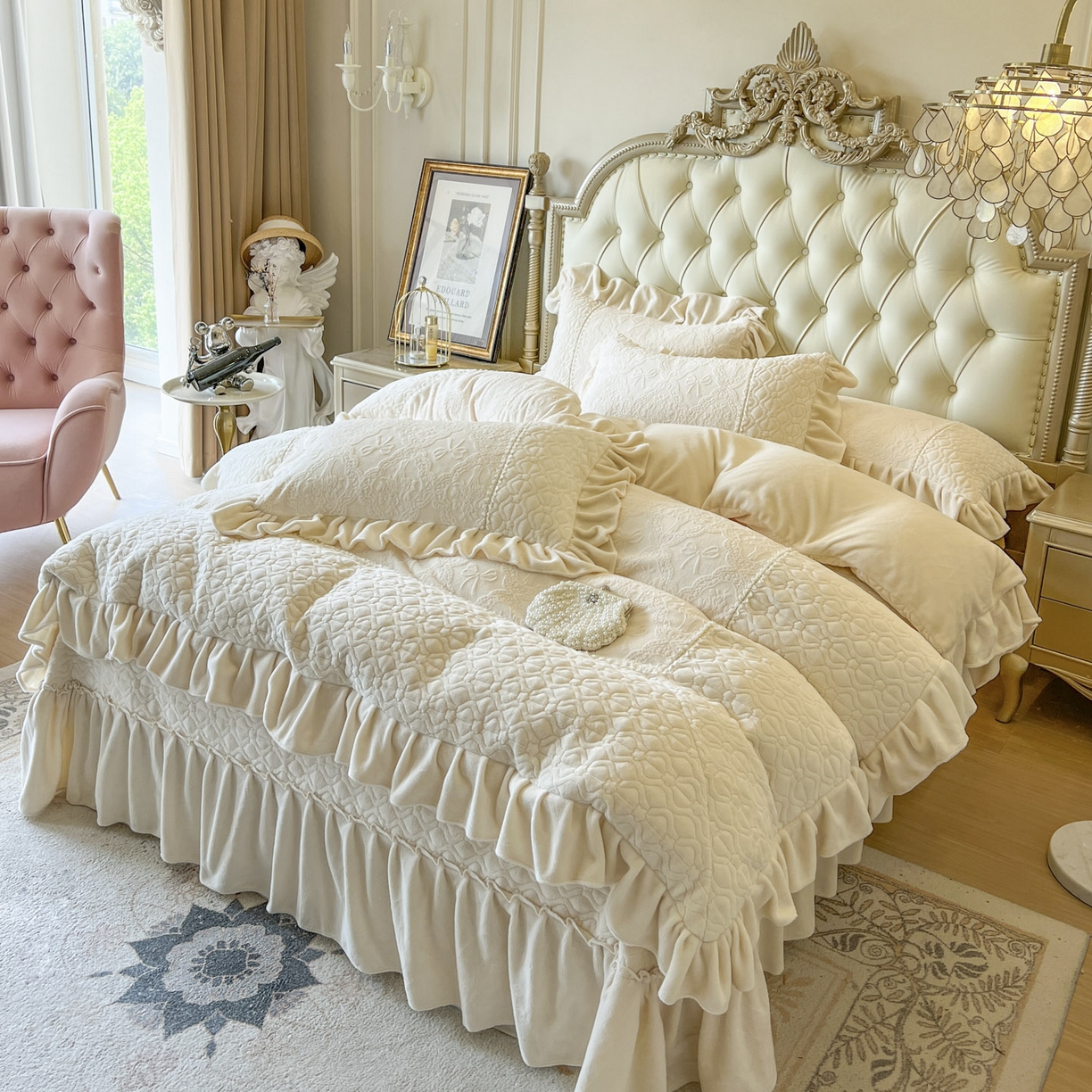 91家纺网 家纺一手货源 找家纺 亲亲公主 2025新款高克重雕花牛奶绒四件套-巴黎情缘 巴黎情缘-奶白