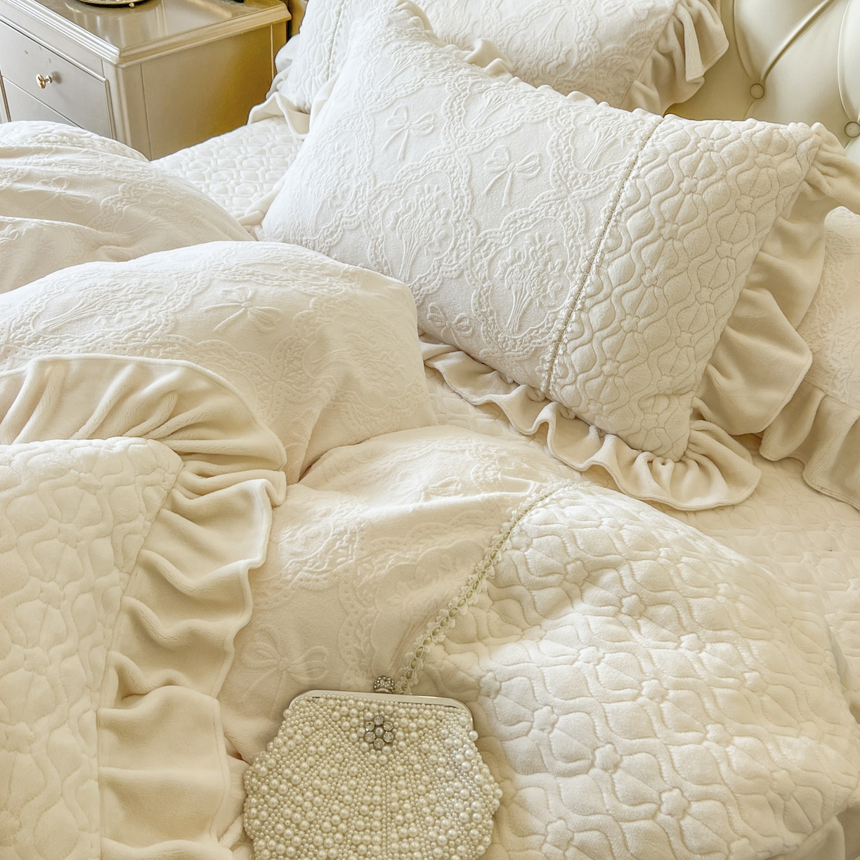 91家纺网 家纺一手货源 找家纺 亲亲公主 2025新款高克重雕花牛奶绒四件套-巴黎情缘 巴黎情缘-奶白