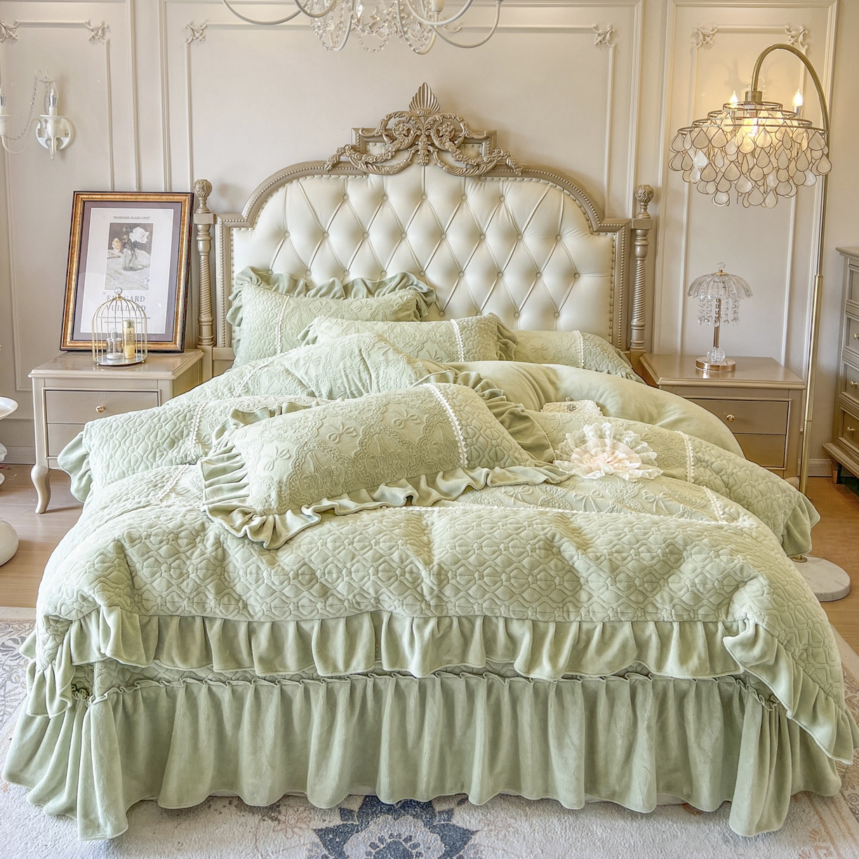 亲亲公主 2025新款高克重雕花牛奶绒四件套-巴黎情缘 巴黎情缘-香草绿