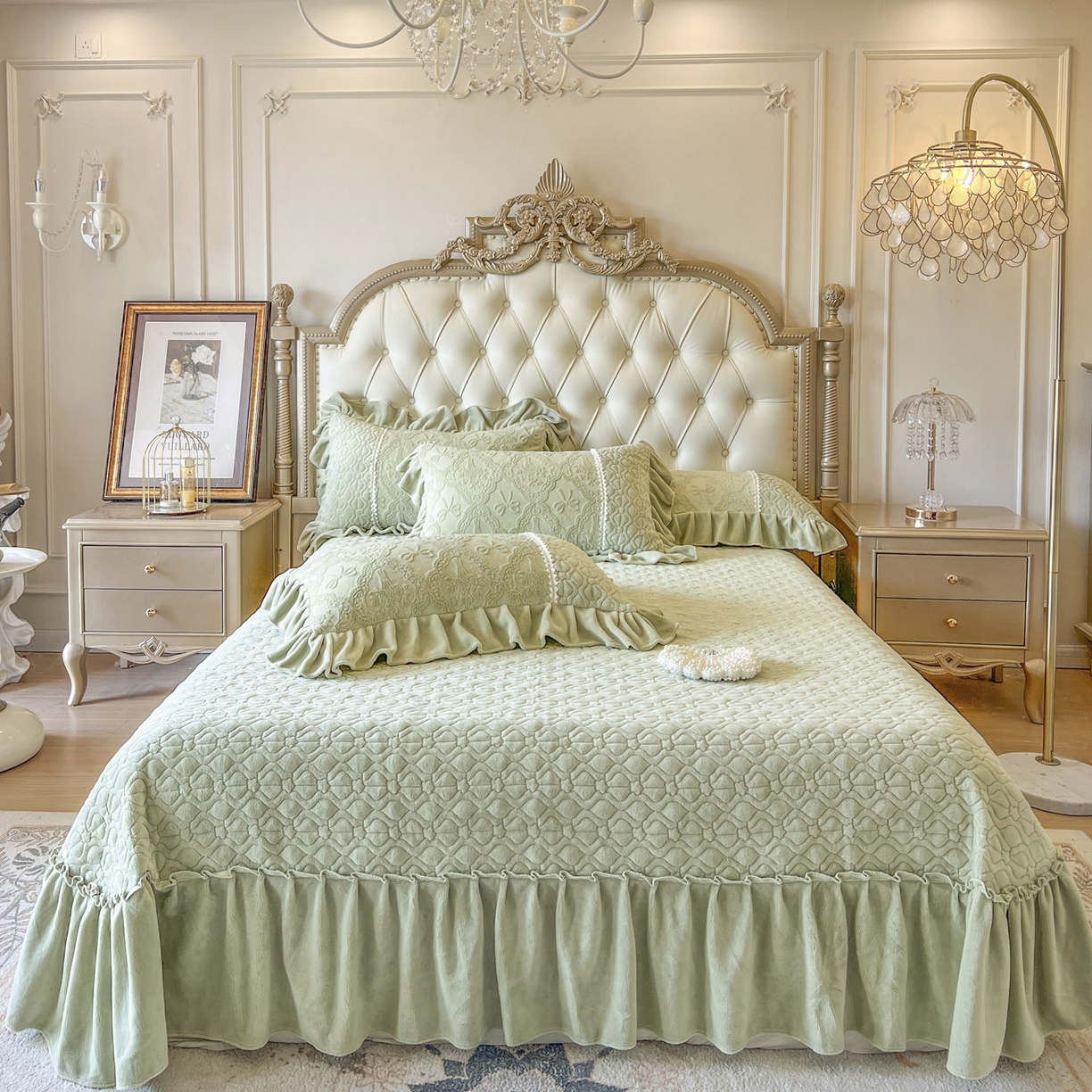 91家纺网 家纺一手货源 找家纺 亲亲公主 2025新款高克重雕花牛奶绒四件套-巴黎情缘 巴黎情缘-香草绿