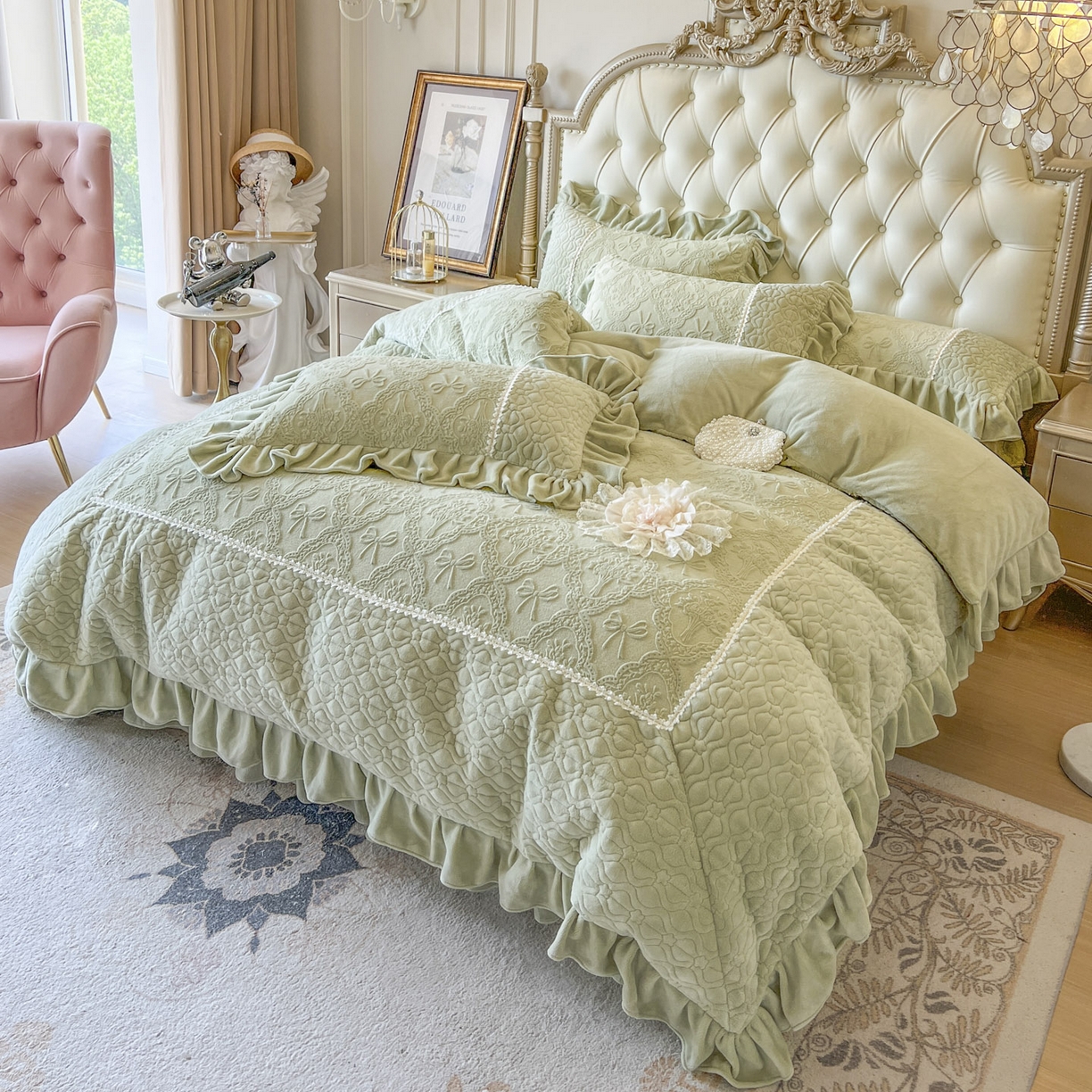 91家纺网 家纺一手货源 找家纺 亲亲公主 2025新款高克重雕花牛奶绒四件套-巴黎情缘 巴黎情缘-香草绿