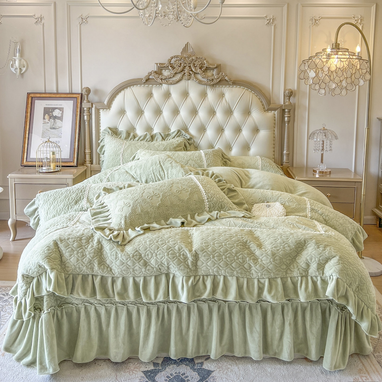 91家纺网 家纺一手货源 找家纺 亲亲公主 2025新款高克重雕花牛奶绒四件套-巴黎情缘 巴黎情缘-香草绿