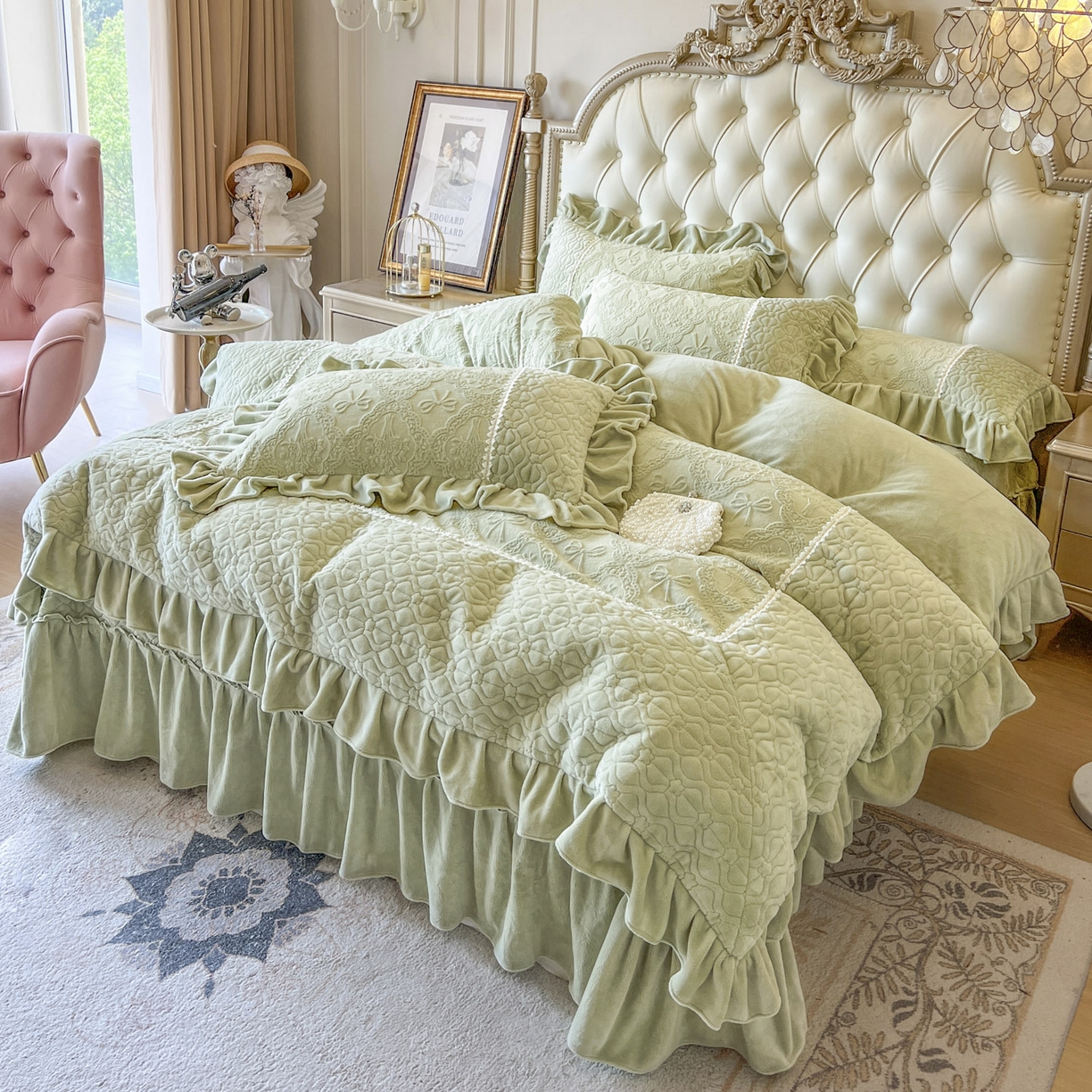 91家纺网 家纺一手货源 找家纺 亲亲公主 2025新款高克重雕花牛奶绒四件套-巴黎情缘 巴黎情缘-香草绿