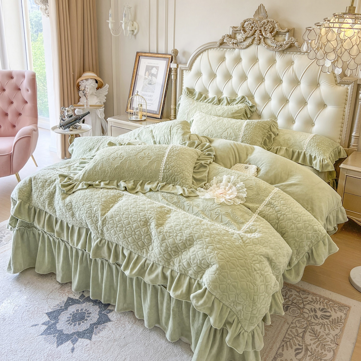 91家纺网 家纺一手货源 找家纺 亲亲公主 2025新款高克重雕花牛奶绒四件套-巴黎情缘 巴黎情缘-香草绿