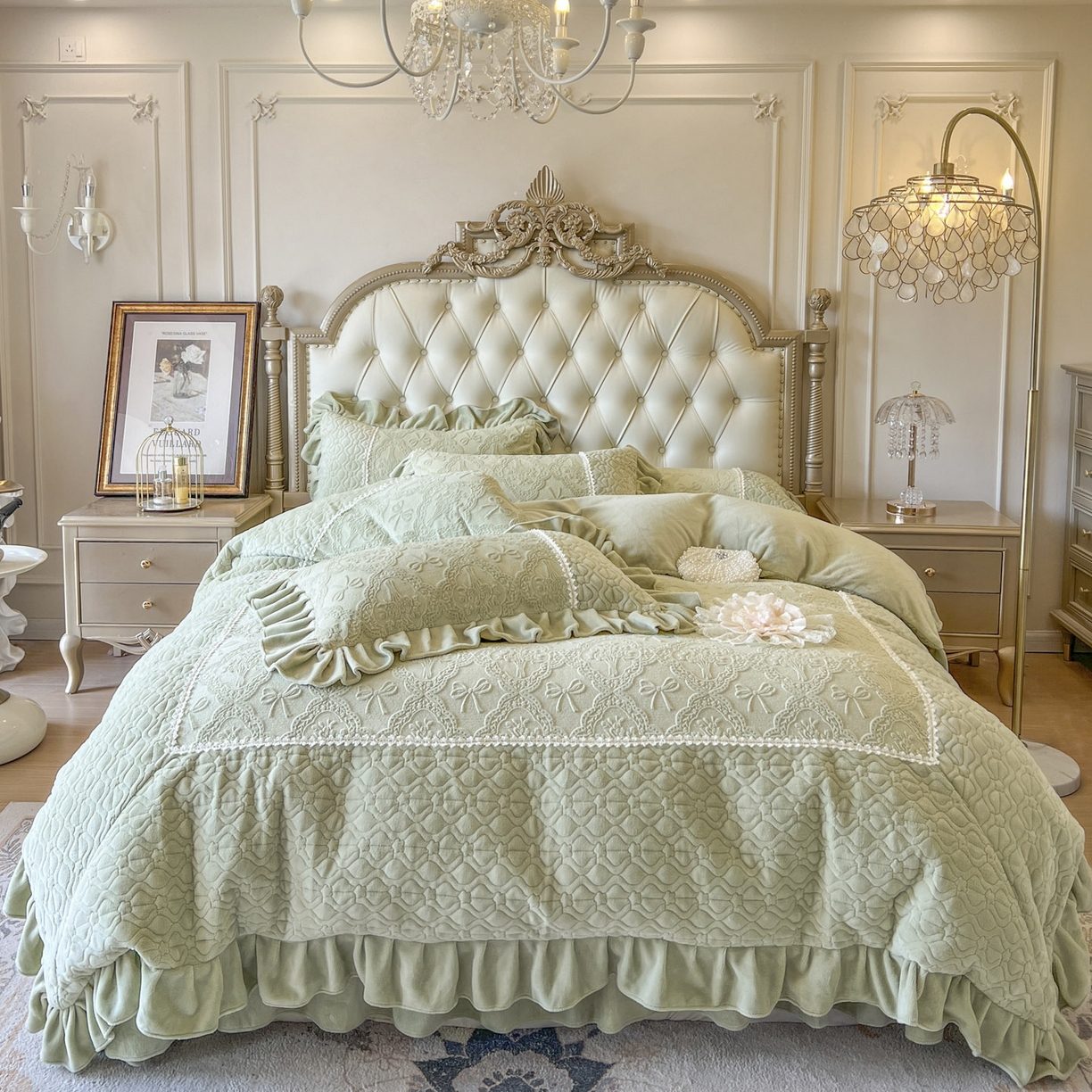 91家纺网 家纺一手货源 找家纺 亲亲公主 2025新款高克重雕花牛奶绒四件套-巴黎情缘 巴黎情缘-香草绿